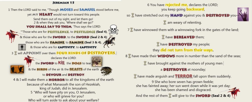 Biblical Interpretation,Scriptural Interpretation,Interpretation,First Seal,1st seal,White Horse,Crown,Bow,Conquer,Second Seal,2nd Seal,Red Horse,Sword,Take Peace Away,Men kill one another,Third Seal,3rd Seal,Black Horse,Famine,Scales,Balances,Weigh,Wheat,Barley,Penny,days wage,danarius,Fourth Seal,4th Seal,Hades,Hell,Kill 1/4th,Kill fourth,Kill fourth part of earth,World War Three,World War 3,WW3,Green Horse,Pale Green Horse,Sword,Famine,War,Hunger,Disease,pestilence,plague,death,animals,Death,wild beast,Book of Revelation,Apocalypse,Revelation of Jesus Christ,7 Seals, Seven Seals,Revelation 6,Revelation Chapter 6,4 Horsemen,Four Horsemen,Population Reduction,Population Decline,Population Decrease,Judgment,Jeremiah 15