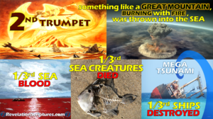 2nd Trumpet,second trumpet,trumpet 2,second trumpet revelation,2nd Trumpet Revelation,trumpet 2 Revelation,Revelation 8:8,Revelation Chapter 8 verse 8,book of Revelation,Apocalypse,biblical interpretation,scriptural interpretation,7 Trumpets,Seven trumpets,7 trumpets Revelation,seven trumpets revelation,Mega Tsumani,tsunami,comet,star,asteroid,meteor,something like a great mountain,great mountain,mountain,burning with fire,thrown into sea,all ablaze,hurled into the sea, something like a huge mountain,huge mountain, cast into the sea,1/3,third,one third,one-third,ships destroyed,ships,ships wrecked,boats,boats destroyed,boats wrecked,1/3rd ,Revelation 8:9,Revelation Chapter 8 verse 9,a third of the ships were destroyed,one-third of all the ships on the sea were destroyed,third part of the ships were destroyed,a third of the sea became blood,sea became blood,sea turned into blood,sea blood,a third,third part,third of the sea creatures died,sea creatures,third of creatures in the sea died,fish kill,dead ocean,ocean dying,