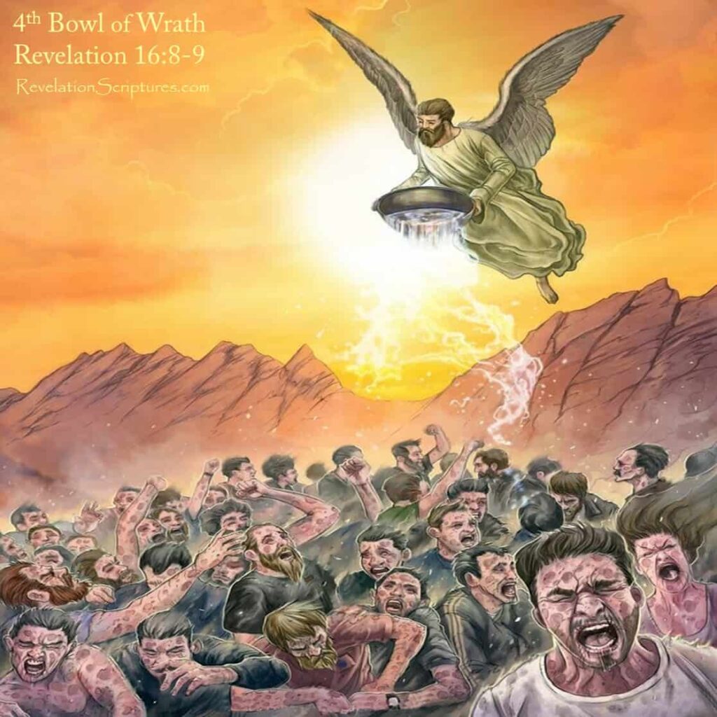An angel pours the Fourth Bowl of Wrath on the sun in Revelation 16:8-9 as people below are scorched by fierce heat.