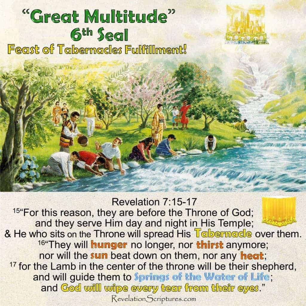 Great Multitude in Revelation 7 standing before the throne during the 6th Seal as the Lamb guides them to springs of living water.