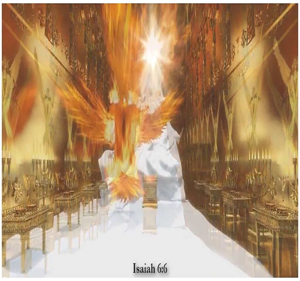 Isaiah 6 vision of God’s throne shows a radiant temple scene with fiery seraphim, connecting Isaiah’s throne vision with Revelation 4.