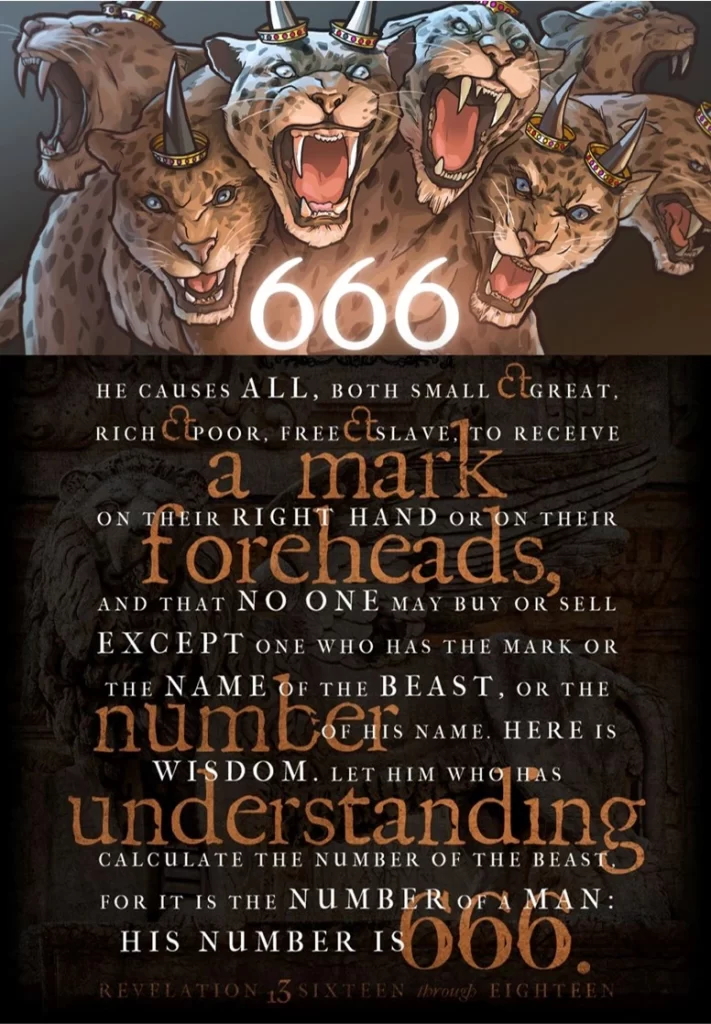 Revelation 13:16–18 describing the mark of the beast and the number 666