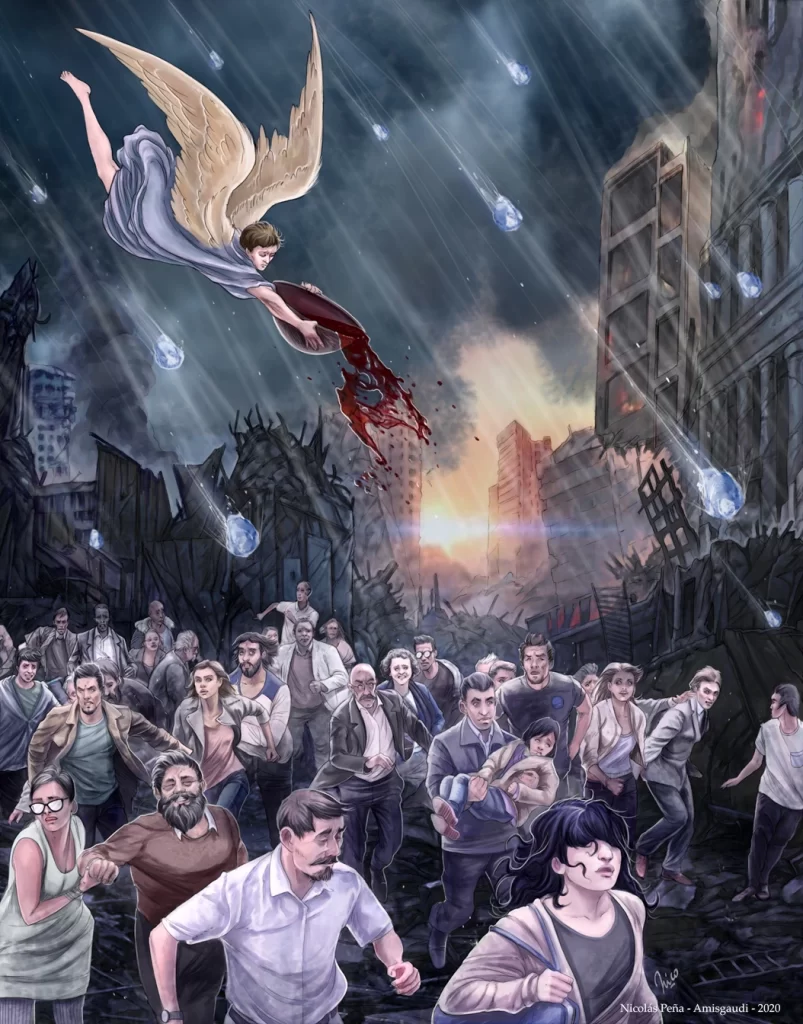An angel pours the Seventh Bowl of Wrath into the air in Revelation 16:17–21 as hail falls, buildings collapse, and people flee through a ruined city.