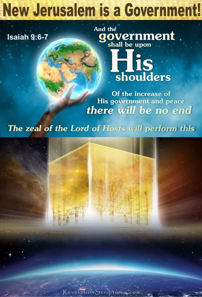 A glowing New Jerusalem descends above the earth beneath Isaiah 9:6–7 text, connecting Revelation 21 with God’s everlasting government.