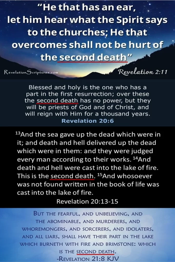 The 2nd Death, Revelation 2:11, Revelation 20:6, Revelation 20:13-15 What is the 2nd Death of Revelation What is the 1s death What is the difference between the 1st