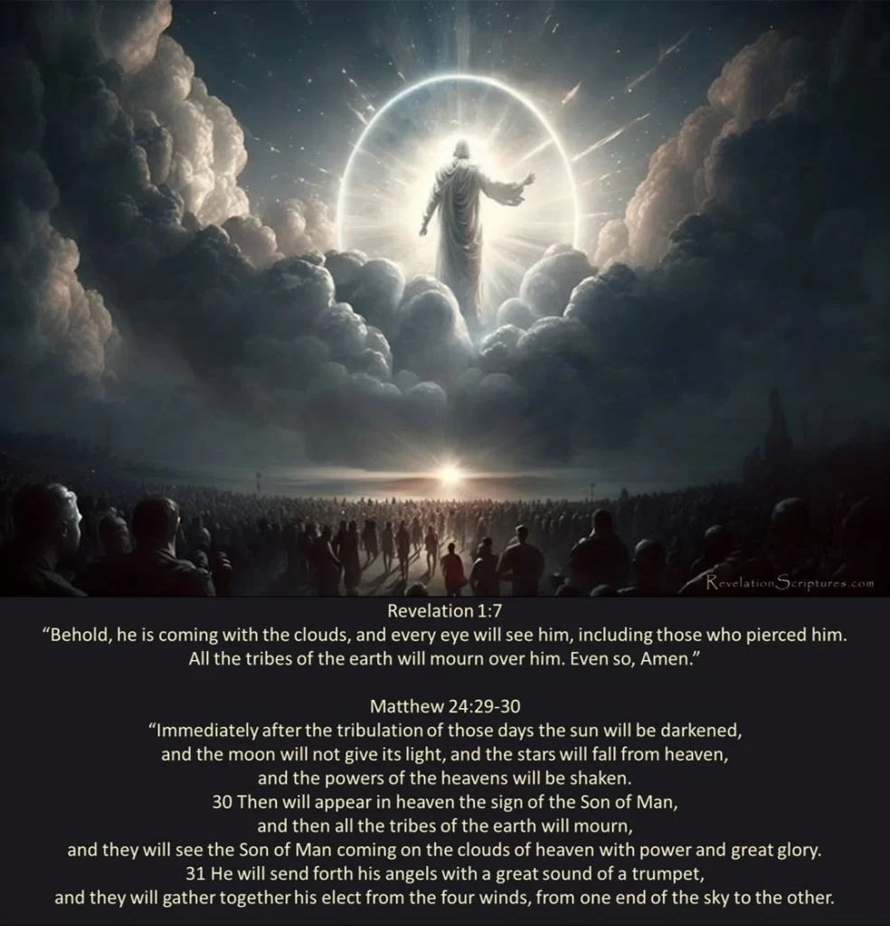 The Son of Man coming on the clouds of heaven with power and great glory Revelation 1:7 & Matthew 29:30