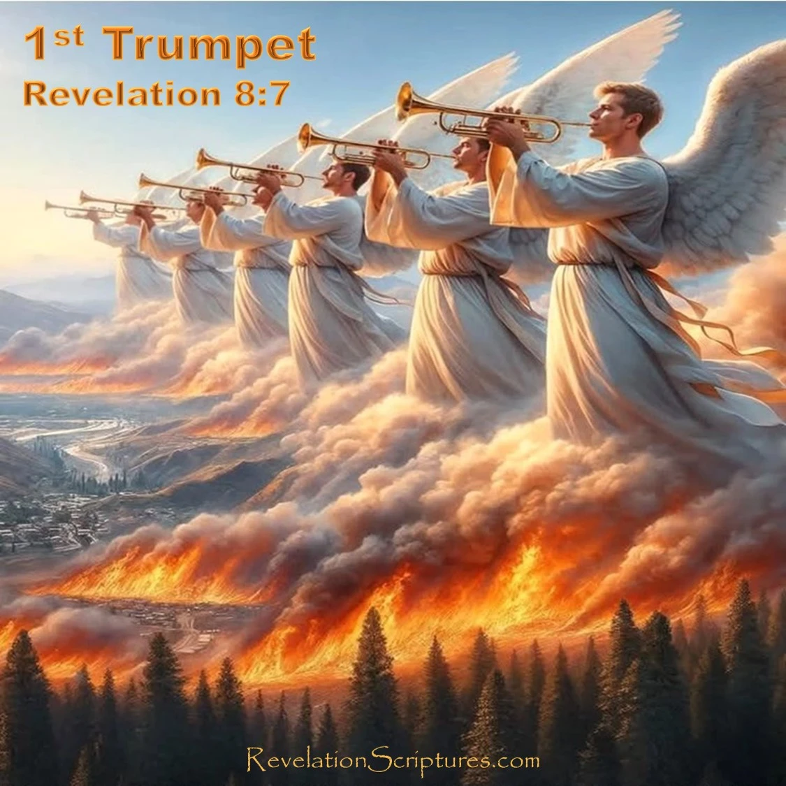 Revelation 8:7 illustration of the First Trumpet with angels blowing trumpets as fire and hail mixed with blood burn a third of the Earth, trees, and all green grass — a visual of the 1st Trumpet judgment from the Book of Revelation.