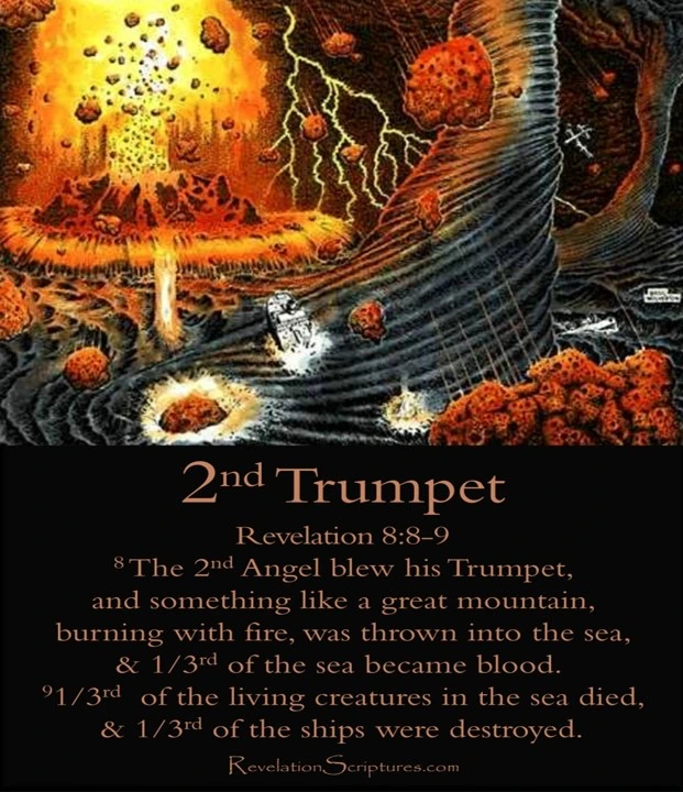 Second Trumpet Revelation 8:8-9 Mega Tsunami - Third of Boats Destroyed - Third of Sea becomes Blood - Third of Sea Creatures Die