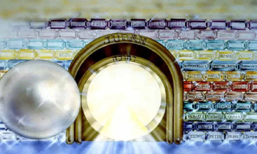 Close-up of a pearl gate in New Jerusalem with jeweled walls, illustrating Revelation 21:21 where the twelve gates are twelve pearls.