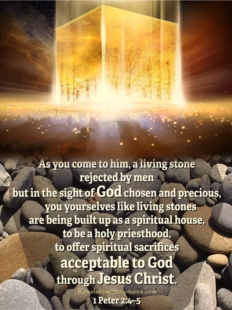 Living stones appear below a glowing New Jerusalem, connecting 1 Peter 2:4–5 with the spiritual house, royal priesthood, and Revelation 21 city.