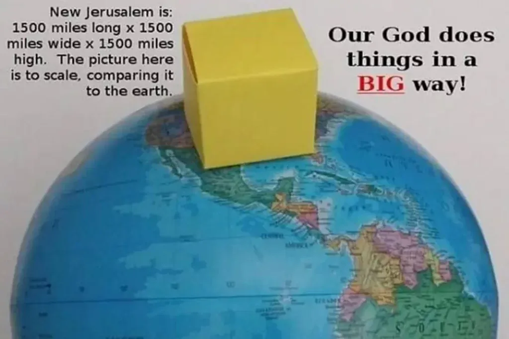 A yellow cube on a globe compares New Jerusalem’s fifteen hundred mile length, width, and height with the earth, illustrating Revelation 21:16.