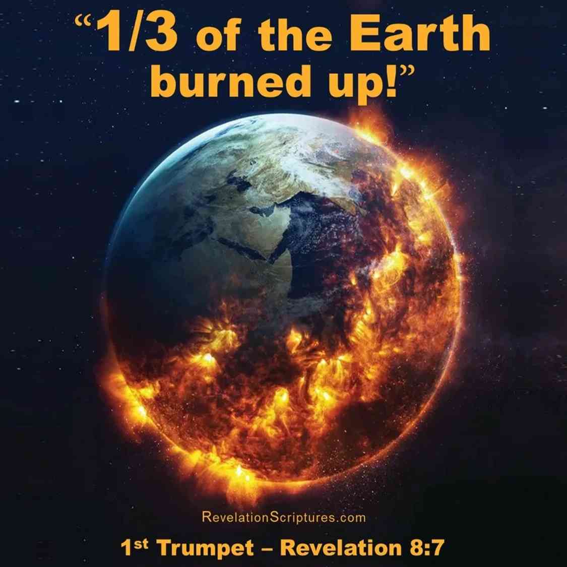 Biblical image of the First Trumpet in Revelation 8:7 showing one-third of the Earth burned by fire and hail mixed with blood, symbolizing God’s judgment and prophecy fulfillment.