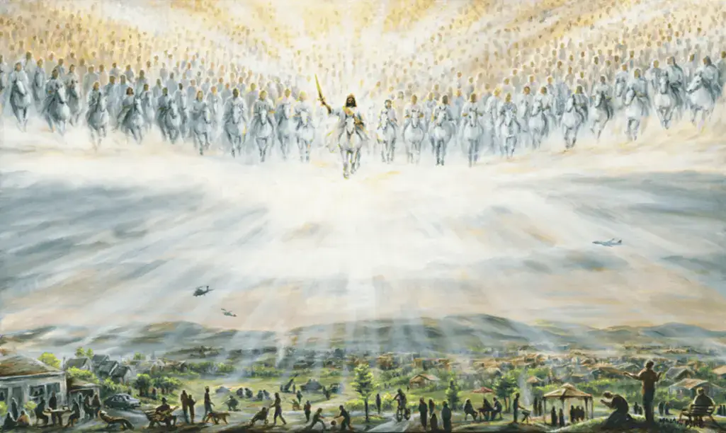 Christ and the 144,000 descending in Revelation 19:11–21 toward Armageddon during the 6th Bowl of Wrath.