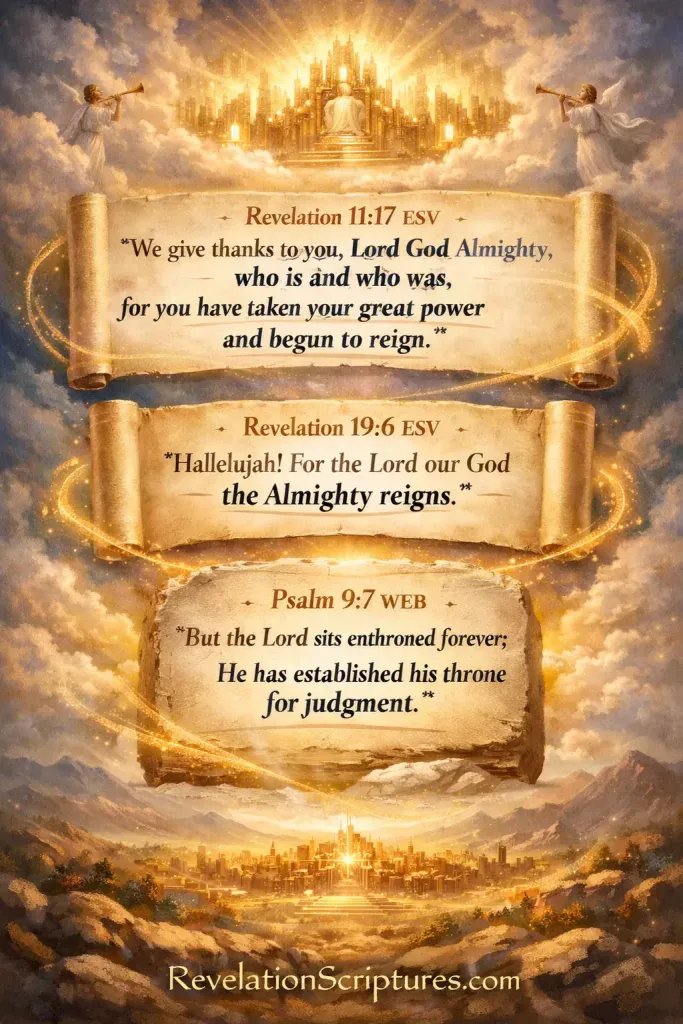 Illustration showing Revelation 11:17, Revelation 19:6, and Psalm 9:7 revealing God’s eternal reign and the prophetic connection between Psalm 9 and the Book of Revelation
